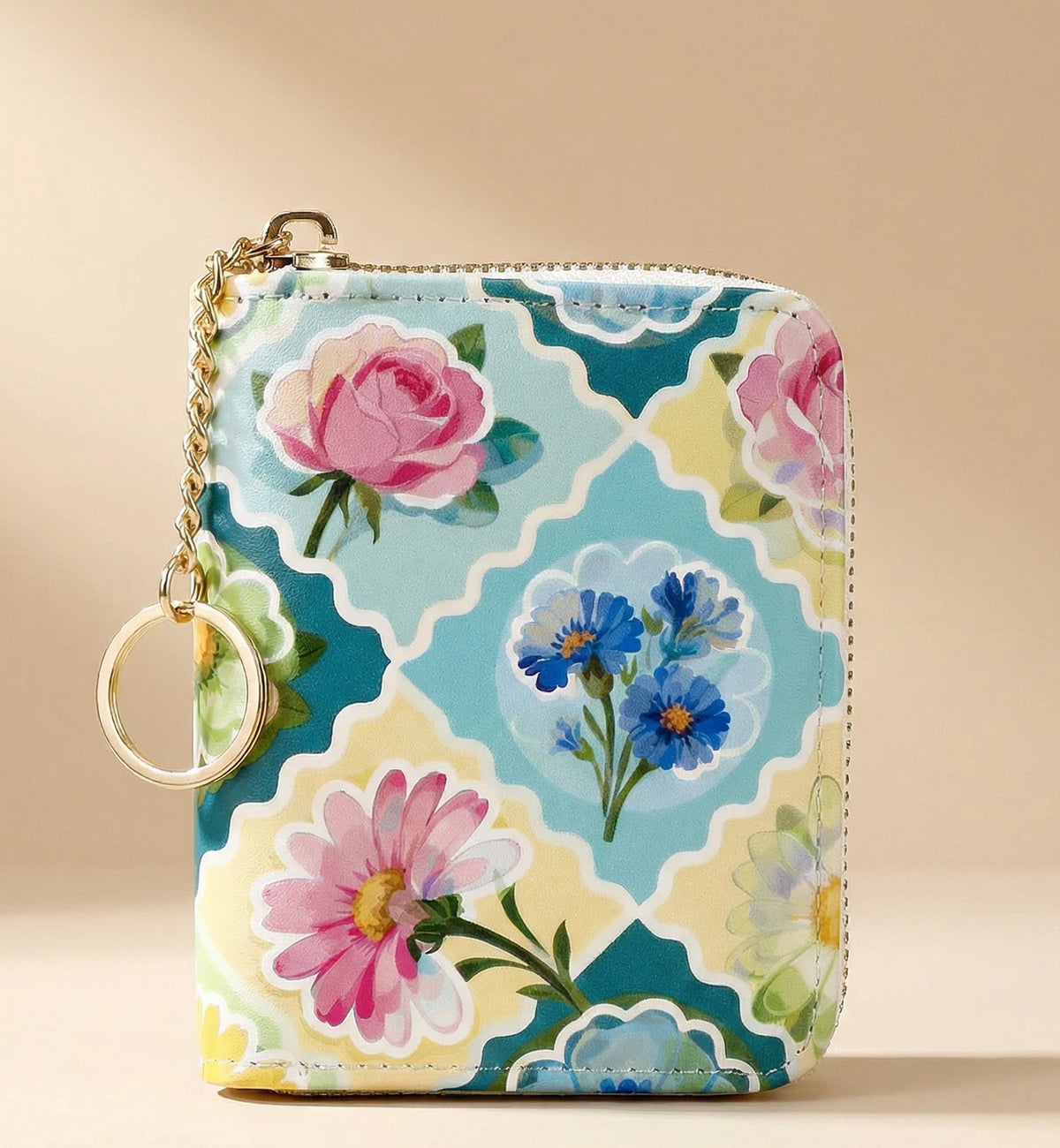 Floral Zip Coin Purse With Key Ring - Blue - 2