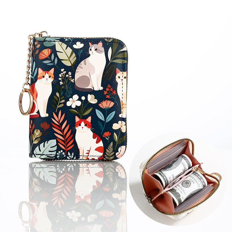 Floral Zip Coin Purse With Key Ring - BlueCat