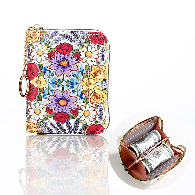 Floral Zip Coin Purse With Key Ring - Colorful