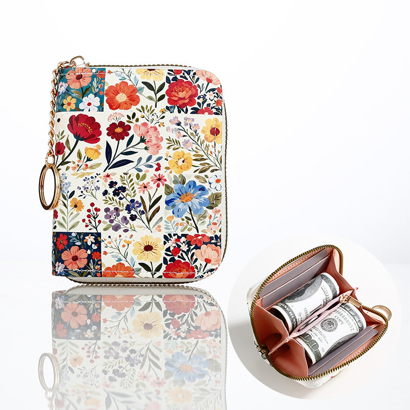 Floral Zip Coin Purse With Key Ring - Grid
