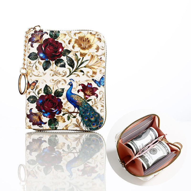 Floral Zip Coin Purse With Key Ring - Peacock