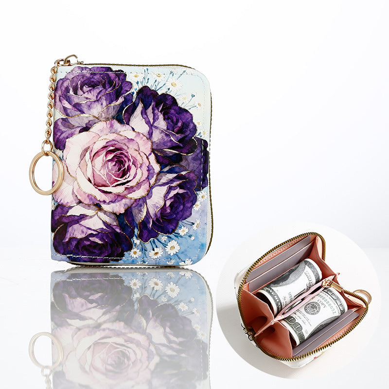 Floral Zip Coin Purse With Key Ring - Purple