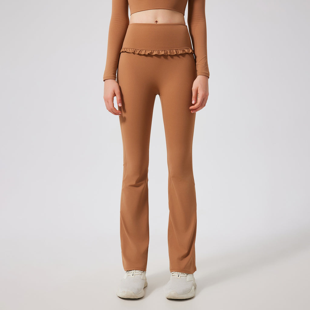 Ruffle Trim High Waist Flare Yoga Leggings - Camel