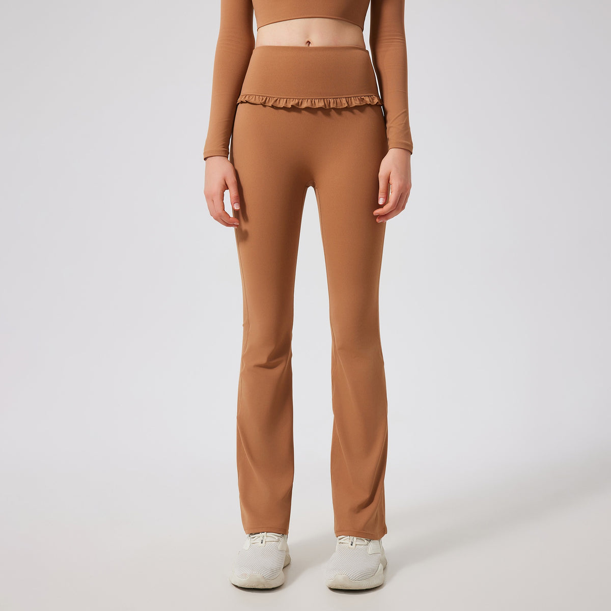 Ruffle Trim High Waist Flare Yoga Leggings - Camel