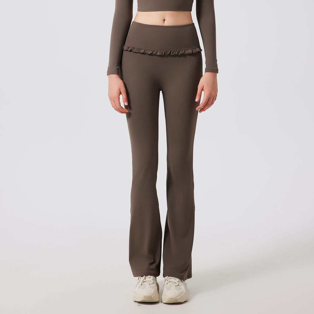Ruffle Trim High Waist Flare Yoga Leggings - Dark Taupe