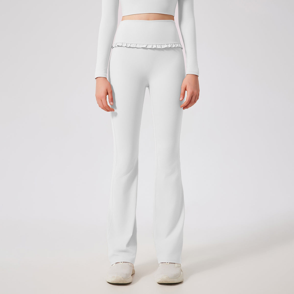 Ruffle Trim High Waist Flare Yoga Leggings - Off White