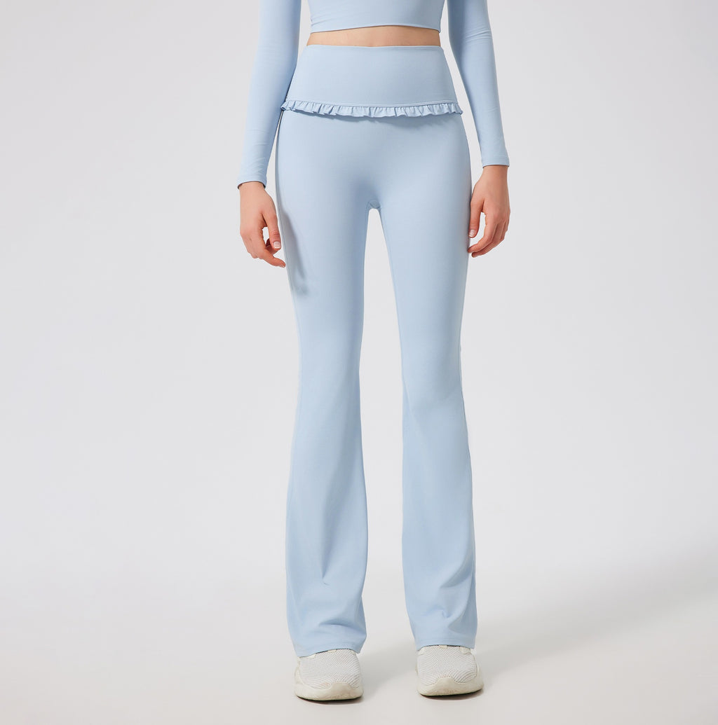 Ruffle Trim High Waist Flare Yoga Leggings - Pale Blue