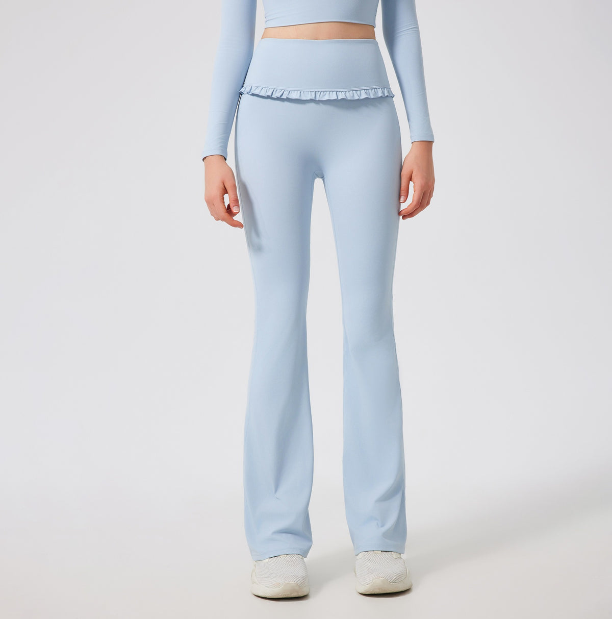 Ruffle Trim High Waist Flare Yoga Leggings - Pale Blue