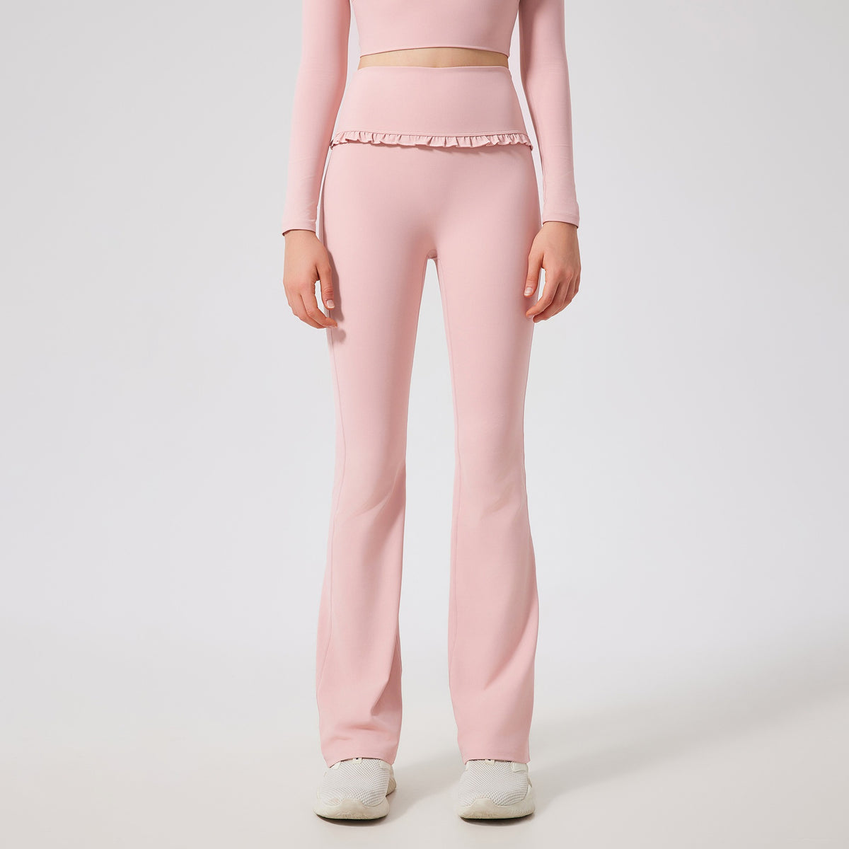 Ruffle Trim High Waist Flare Yoga Leggings - Shell Pink