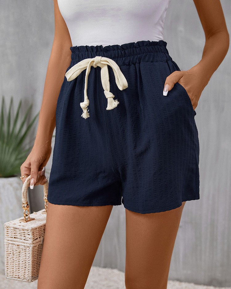 Paperbag Waist Shorts With Contrast Drawstring - Dark Blue - 1