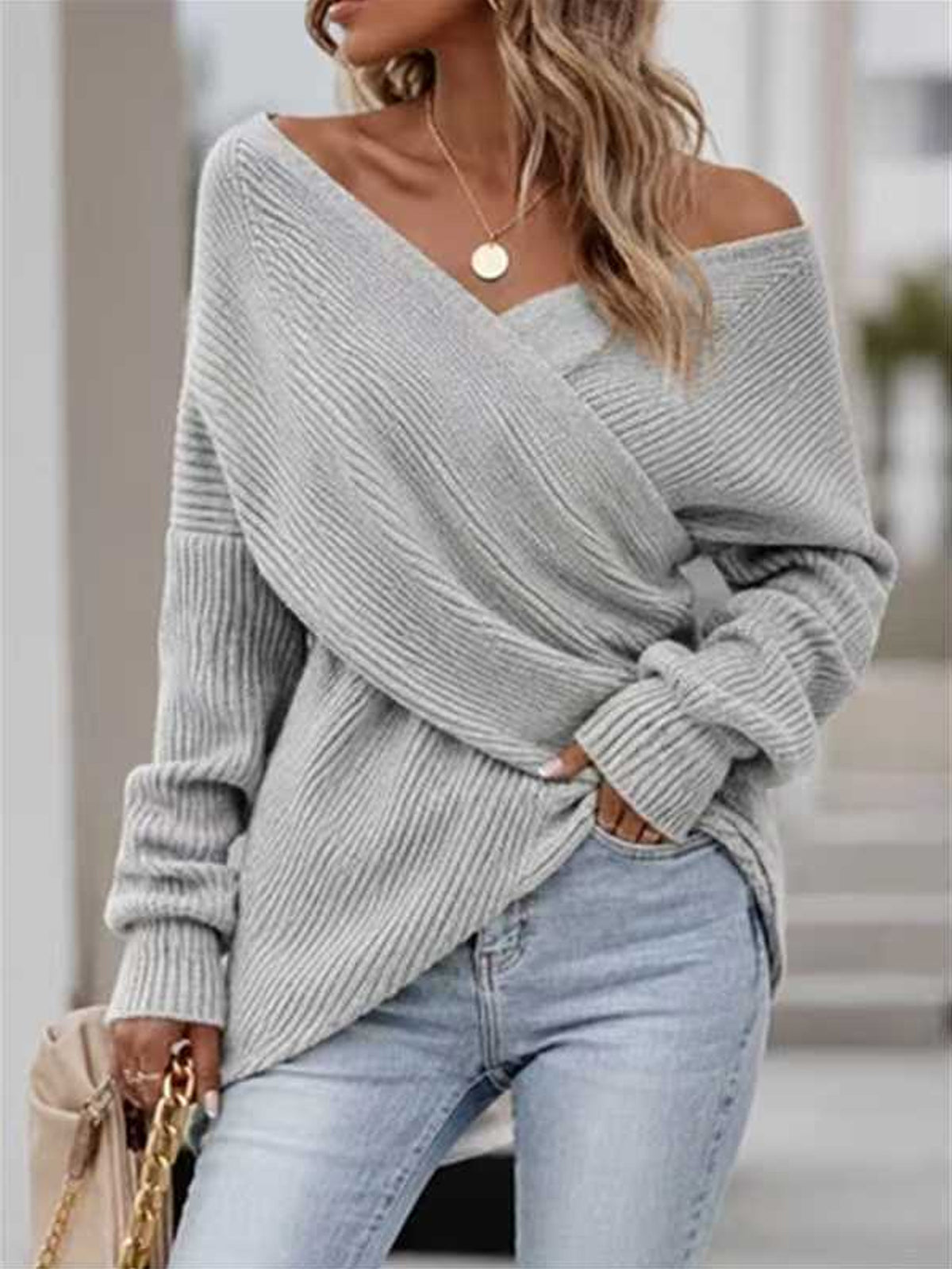 Ribbed Surplice V-Neck Pullover Sweater - Grey