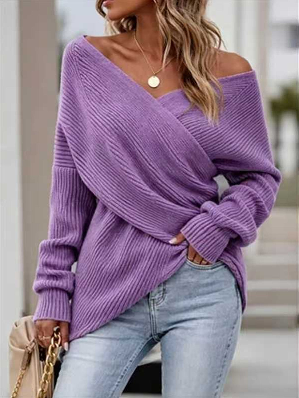 Ribbed Surplice V-Neck Pullover Sweater - Purple