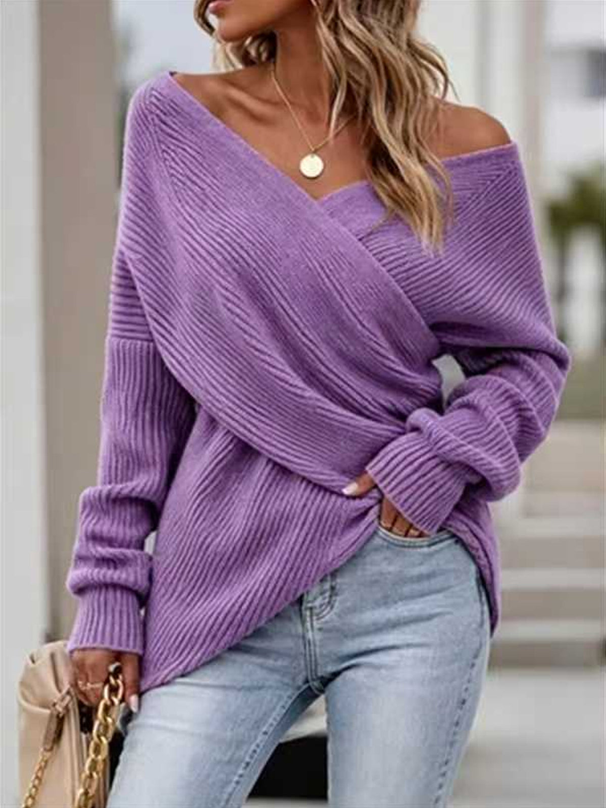 Ribbed Surplice V-Neck Pullover Sweater - Purple