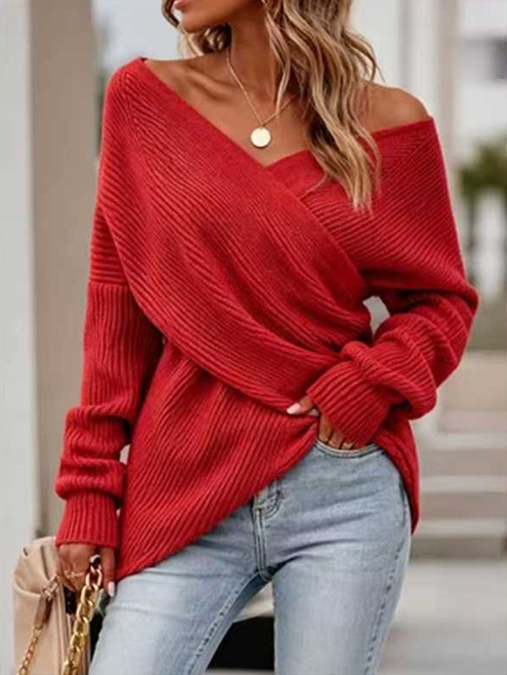 Ribbed Surplice V-Neck Pullover Sweater - Red