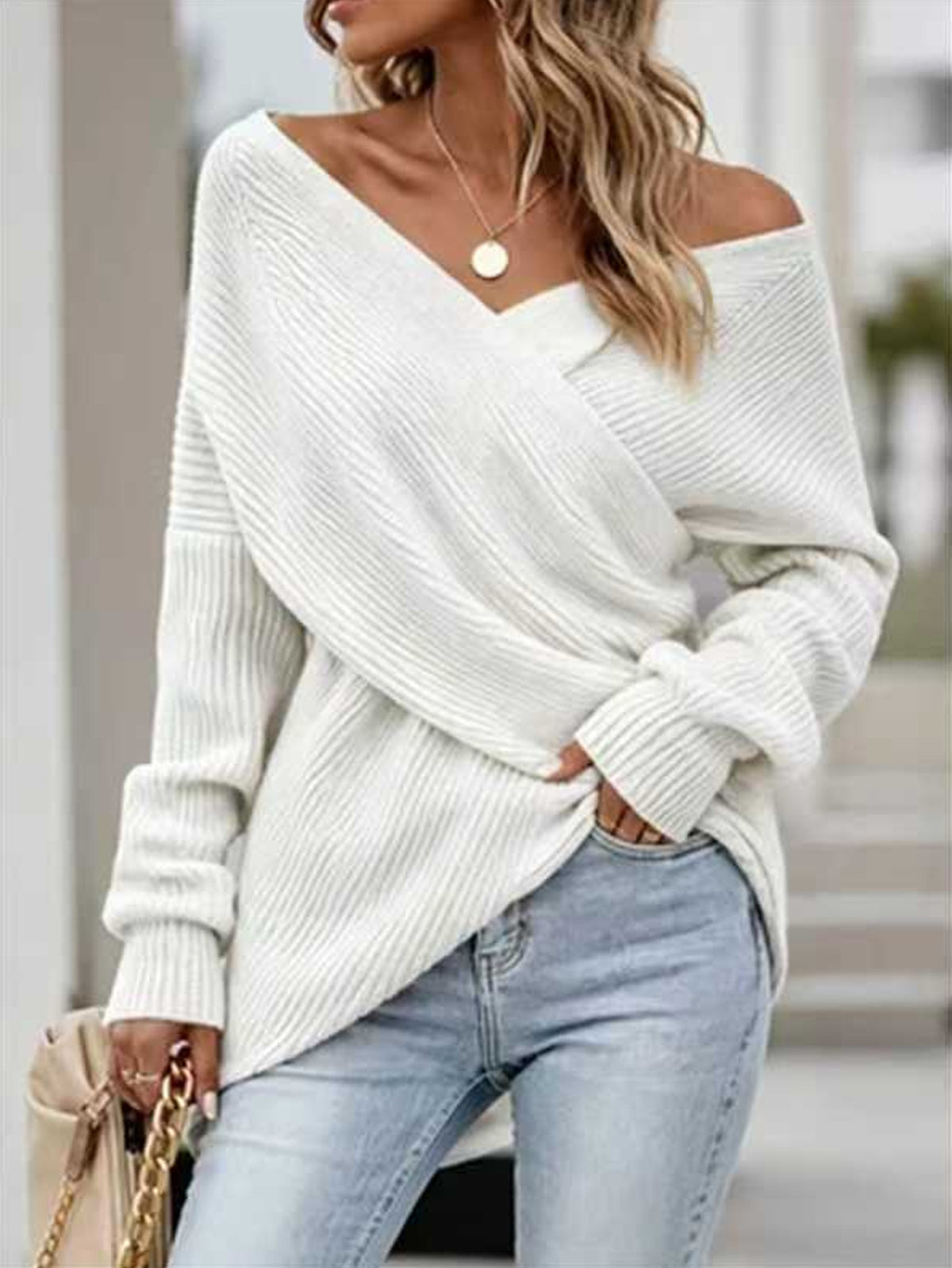 Ribbed Surplice V-Neck Pullover Sweater - White