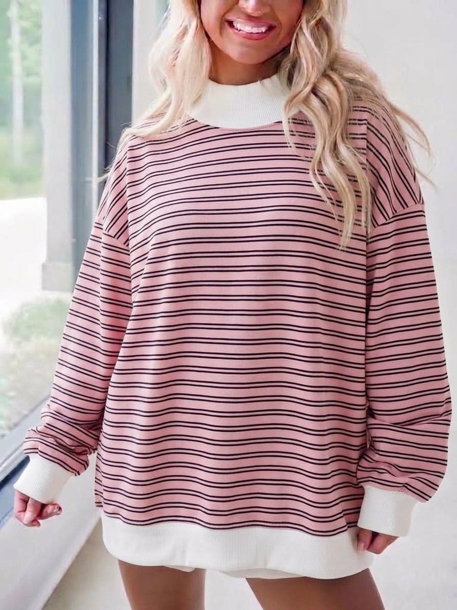 Rose Fine Stripe Contrast Trim Oversized Sweatshirt - DecoRose