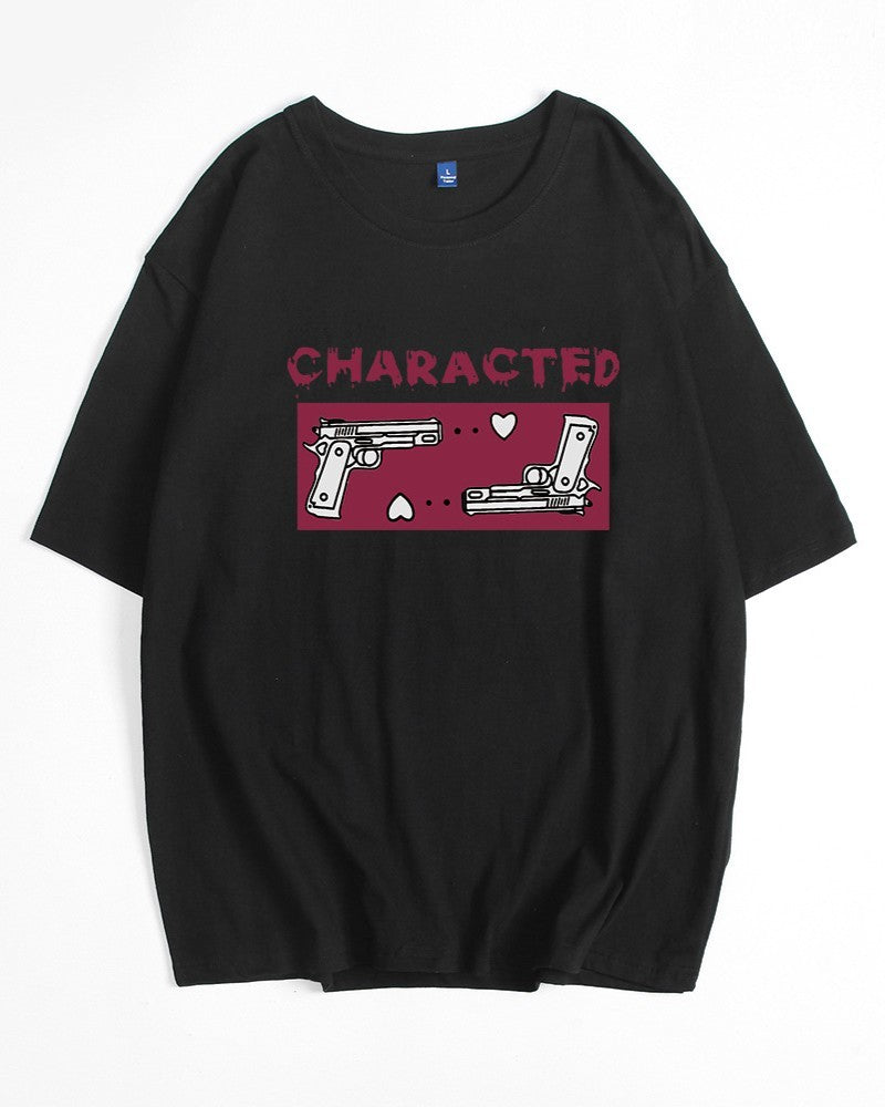 Letter Graphic Loose Drop Shoulder Tee - Black