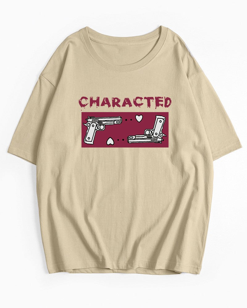 Letter Graphic Loose Drop Shoulder Tee - Khaki - 1