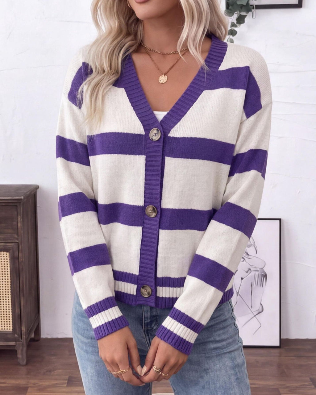 Rugby Stripe V Neck Button Knit Cardigan - Purple