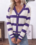 Rugby Stripe V Neck Button Knit Cardigan - Purple