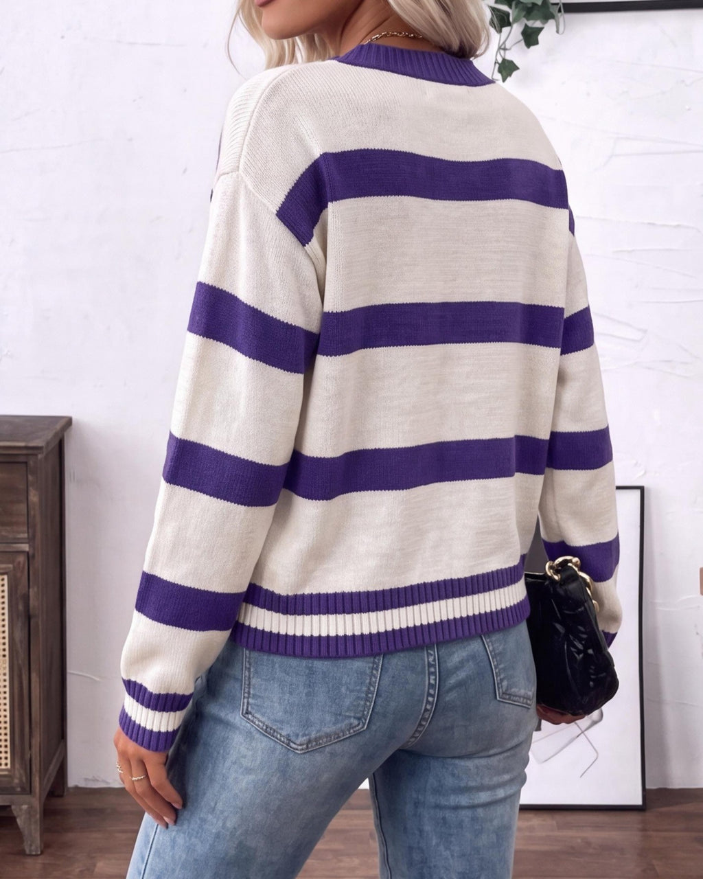 Rugby Stripe V Neck Button Knit Cardigan - Purple - 2