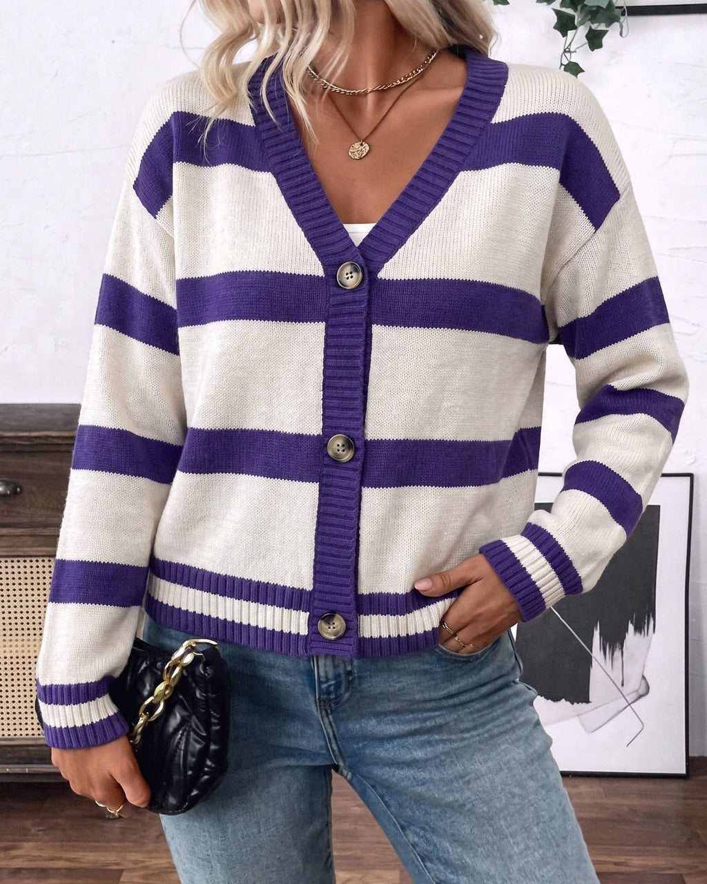 Rugby Stripe V Neck Button Knit Cardigan