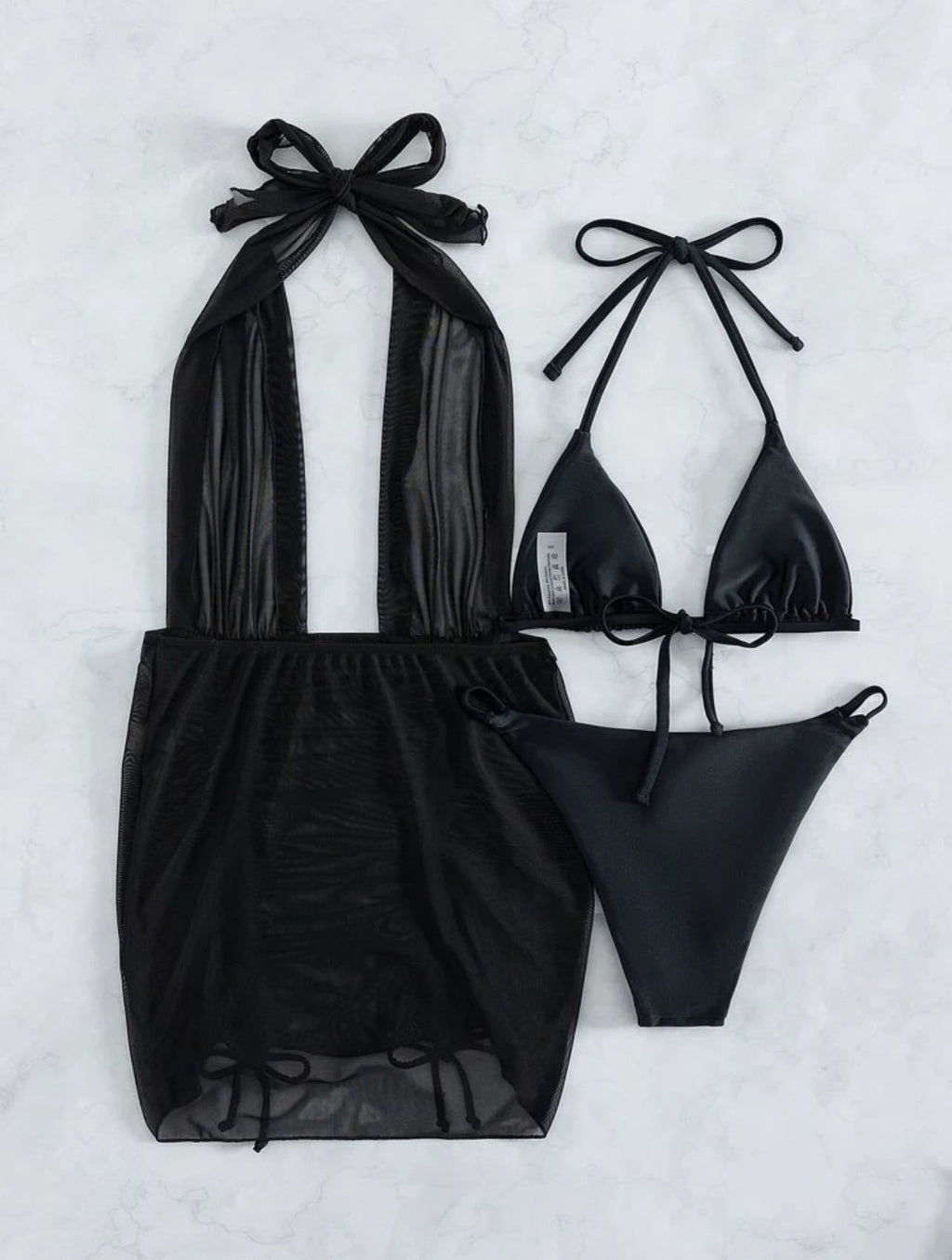 Halter Bikini and Mesh Skirt Set - Black - 1