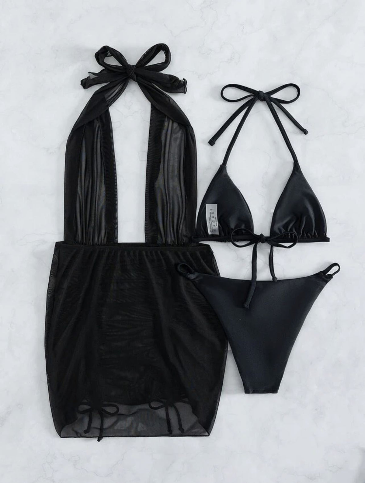 Halter Bikini and Mesh Skirt Set - Black - 1