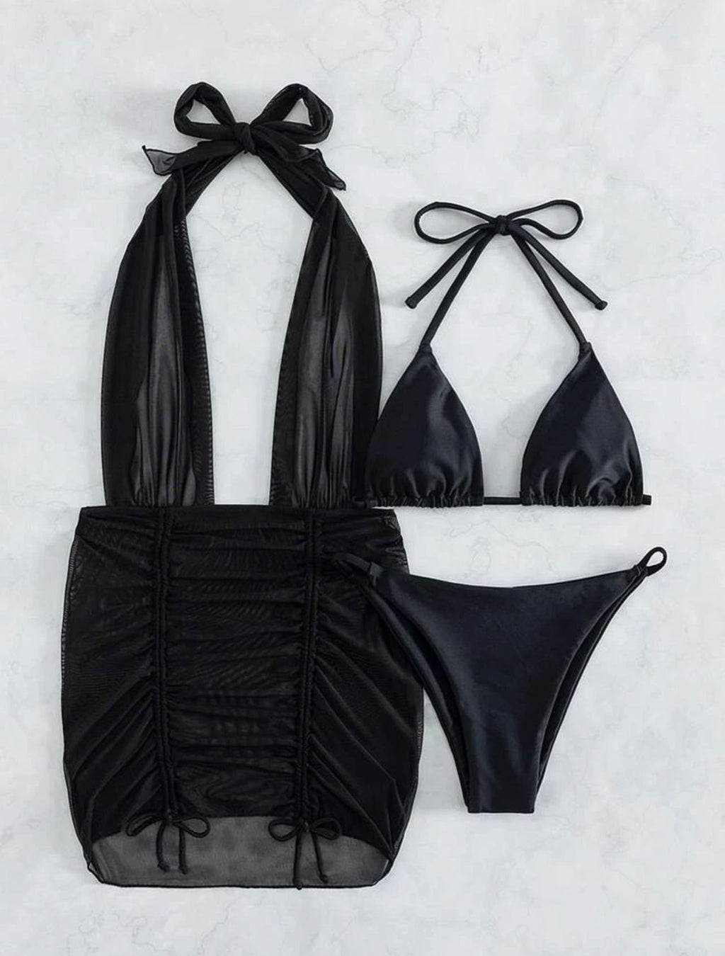 Halter Bikini and Mesh Skirt Set - Black - 2