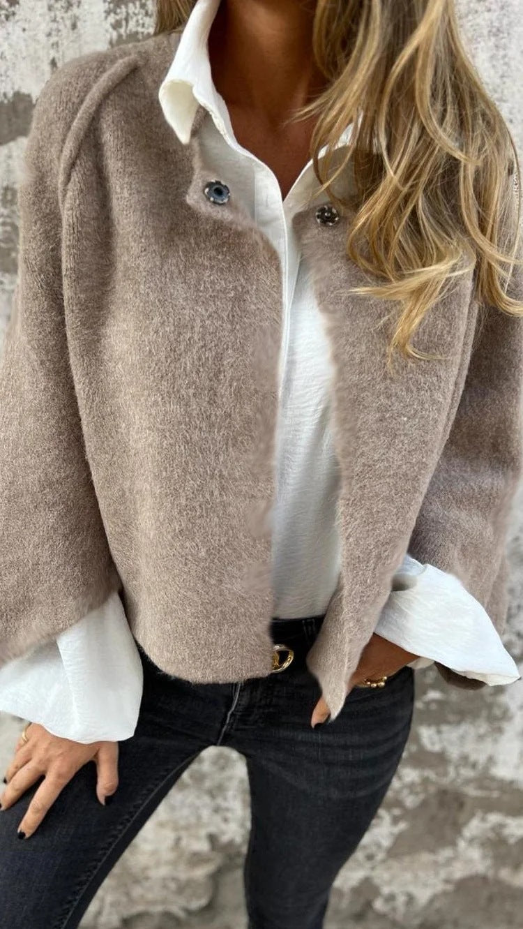 Brushed Batwing Sleeve Cropped Jacket - Khaki - 2