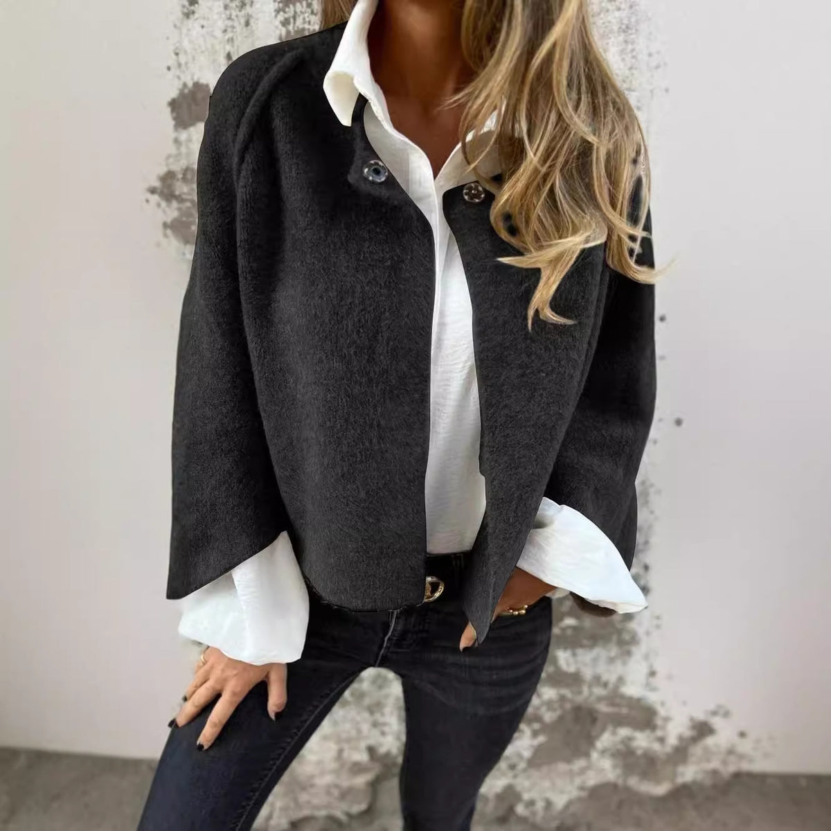 Brushed Batwing Sleeve Cropped Jacket - black