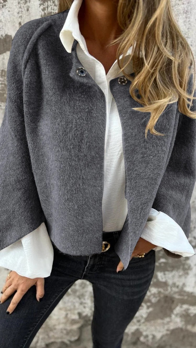 Brushed Batwing Sleeve Cropped Jacket - grey