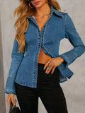 Fitted Flare Cuff Denim Jacket - Blue