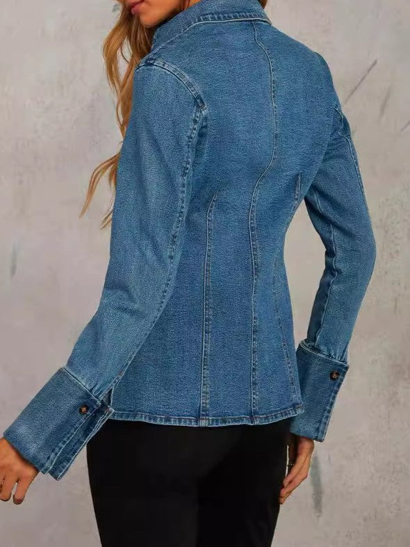 Fitted Flare Cuff Denim Jacket - Blue - 1