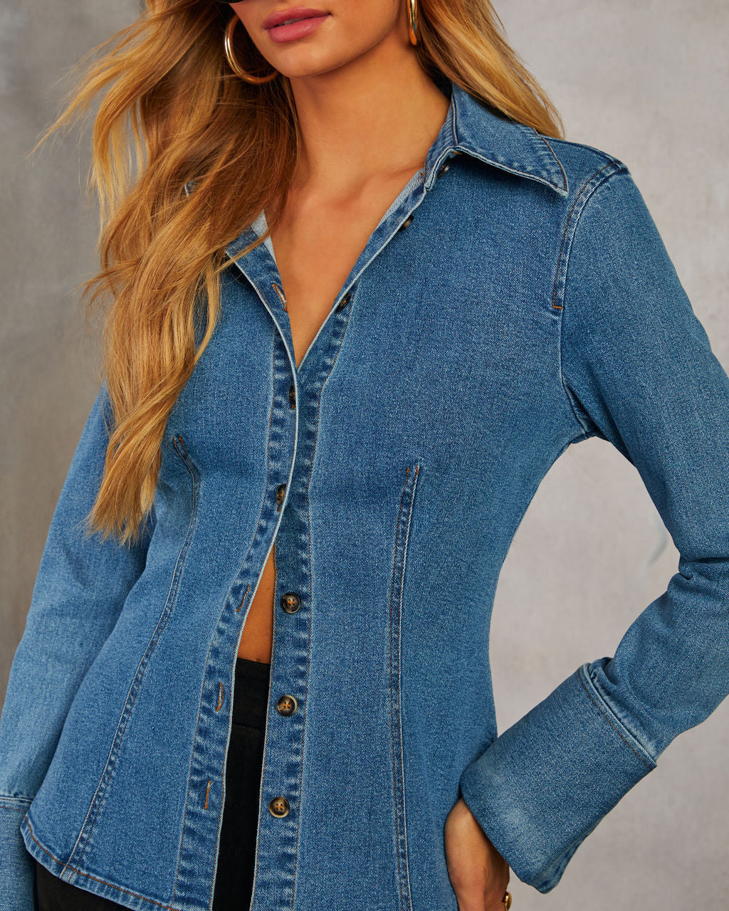 Fitted Flare Cuff Denim Jacket - Blue - 2