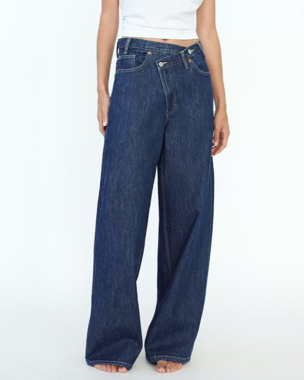 Crossover Waist Baggy Wide Leg Jeans - Dark_Blue