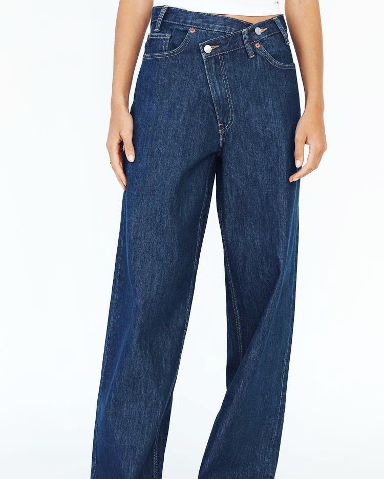 Crossover Waist Baggy Wide Leg Jeans - Dark_Blue - 1