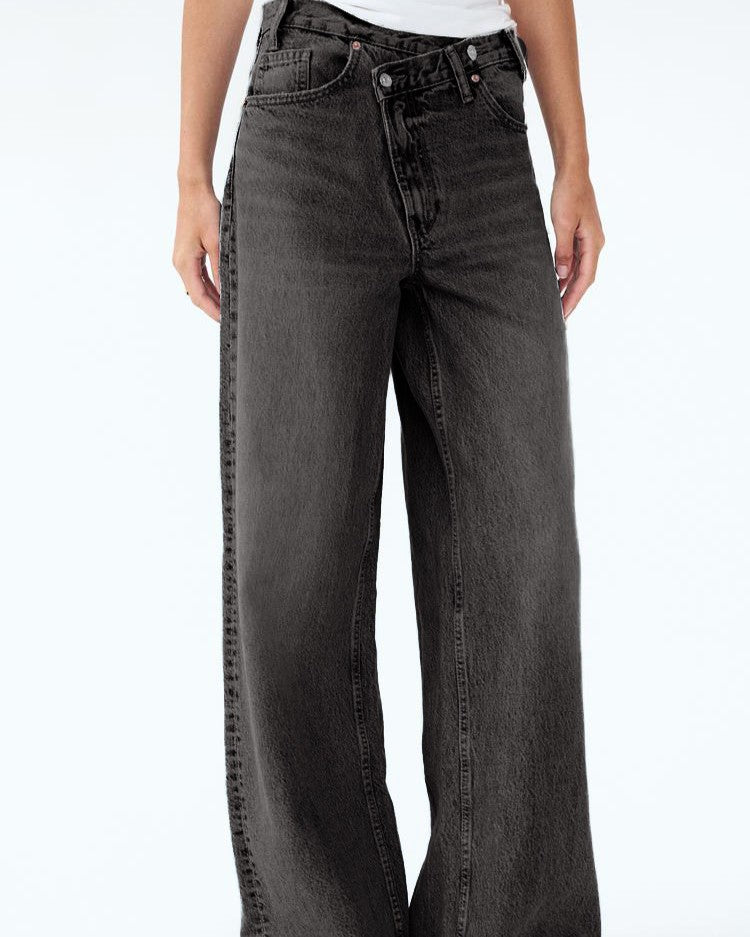 Crossover Waist Baggy Wide Leg Jeans - Dark_Grey