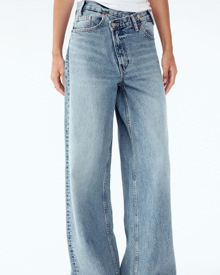 Crossover Waist Baggy Wide Leg Jeans - Light_Blue
