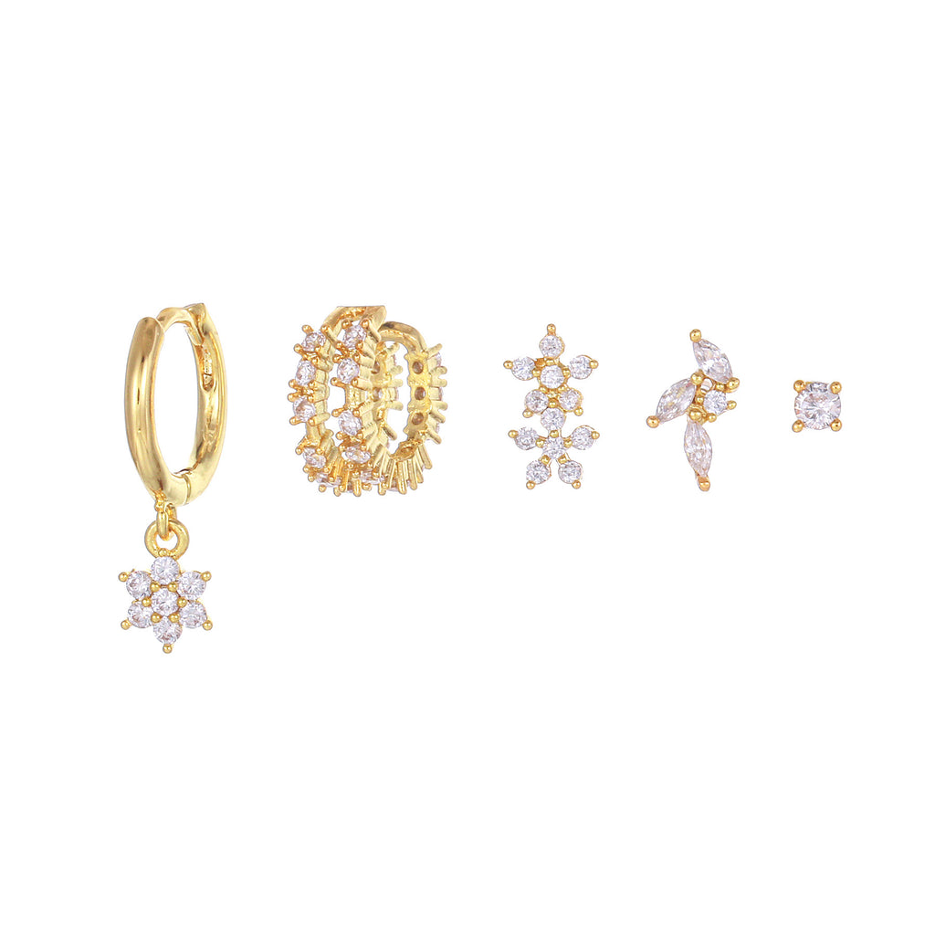 Floral Marquise Stud and Huggie Earring Set - Gold