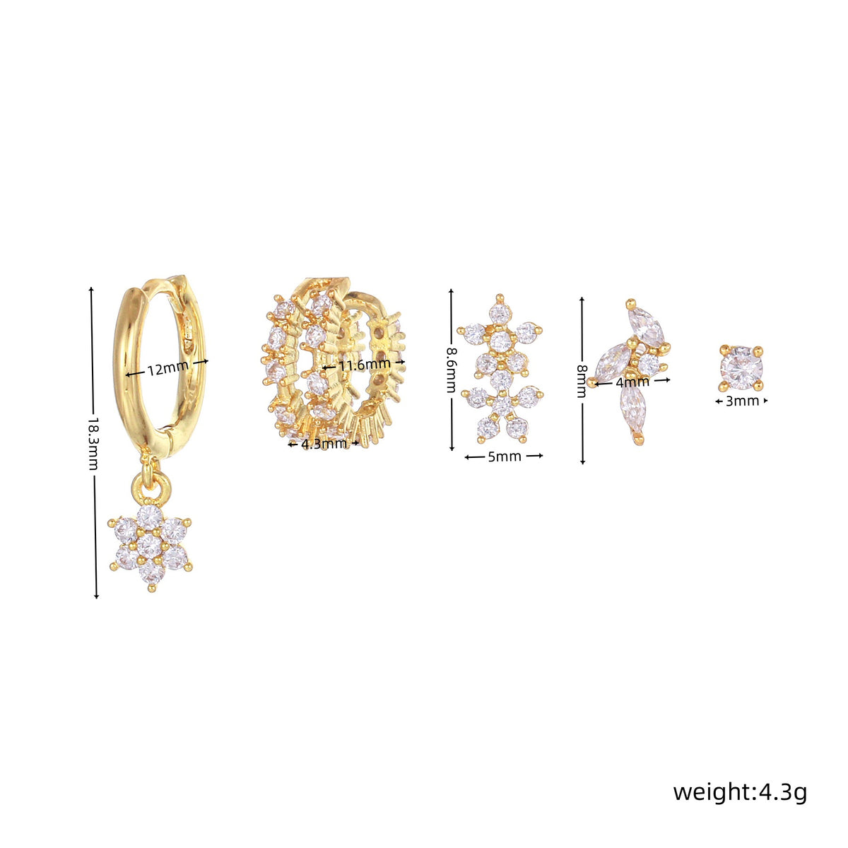 Floral Marquise Stud and Huggie Earring Set - Gold - 1