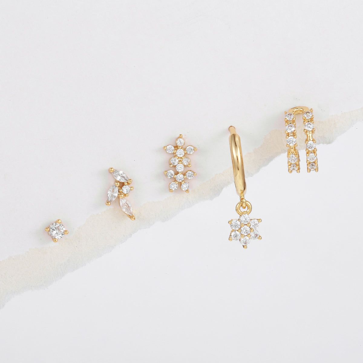 Floral Marquise Stud and Huggie Earring Set - Gold - 2