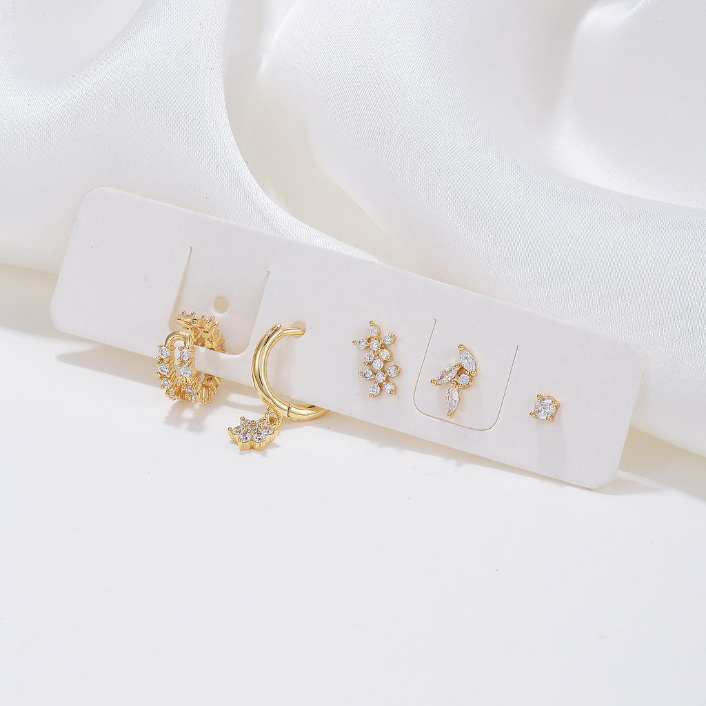 Floral Marquise Stud and Huggie Earring Set - Gold - 4