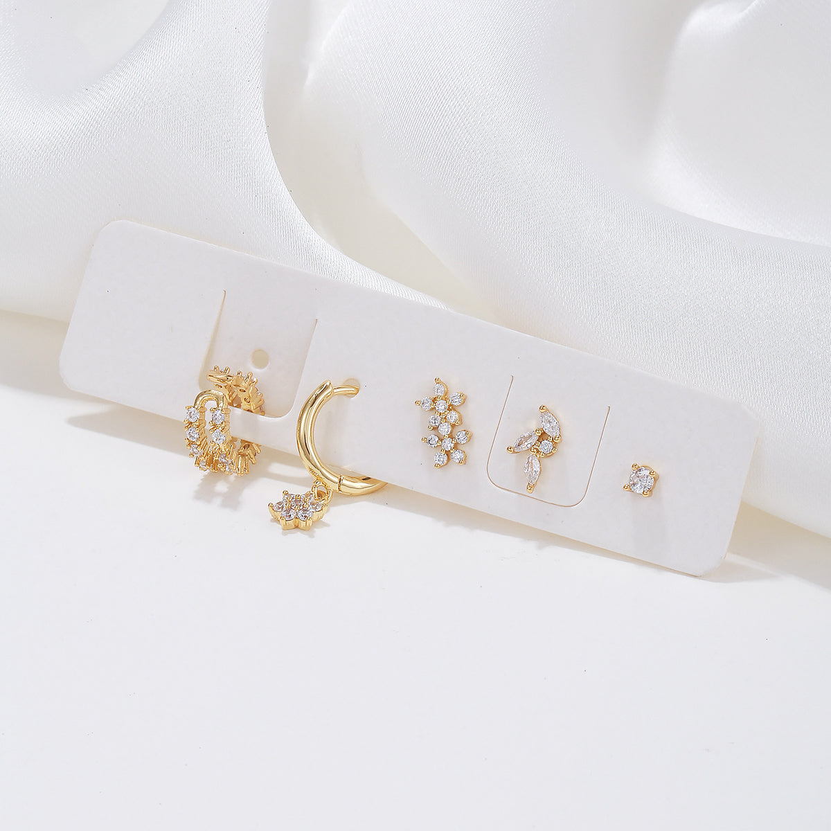 Floral Marquise Stud and Huggie Earring Set - Gold - 4