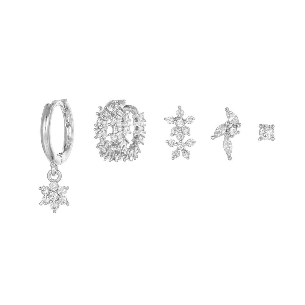 Floral Marquise Stud and Huggie Earring Set - White