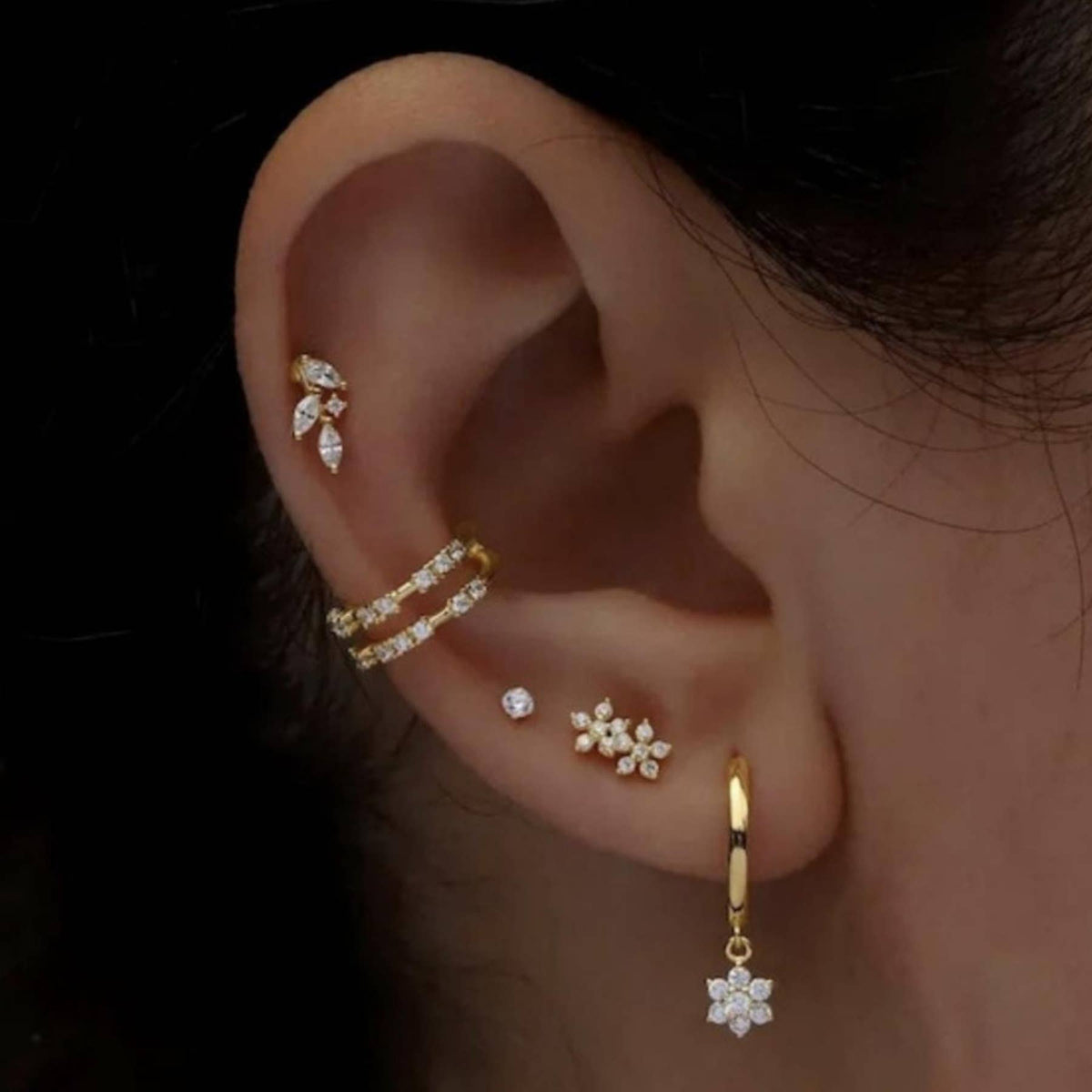 Floral Marquise Stud and Huggie Earring Set