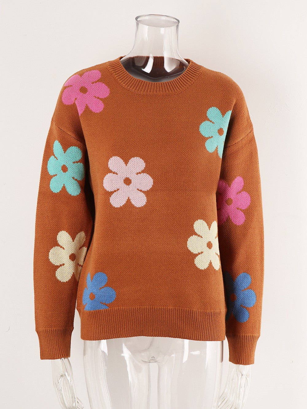 Multicolor Flower Intarsia Crewneck Sweater - Camel 