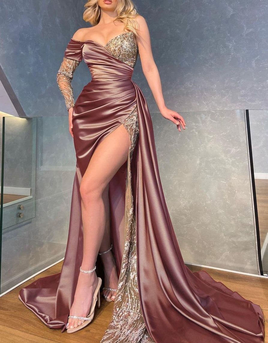 Ruched Satin Sequin Lace Thigh Slit Maxi Gown - Mauve