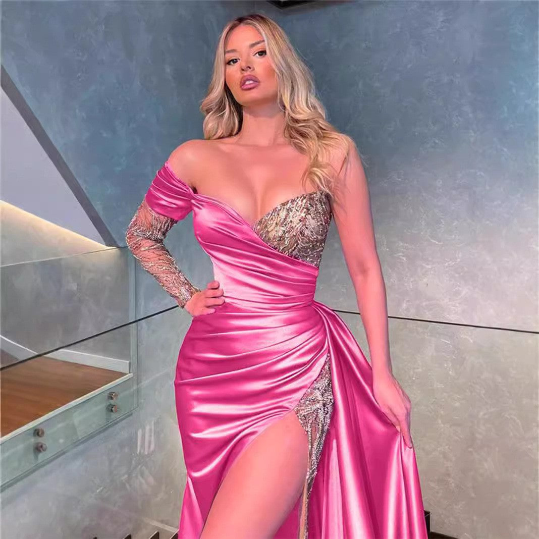 Ruched Satin Sequin Lace Thigh Slit Maxi Gown