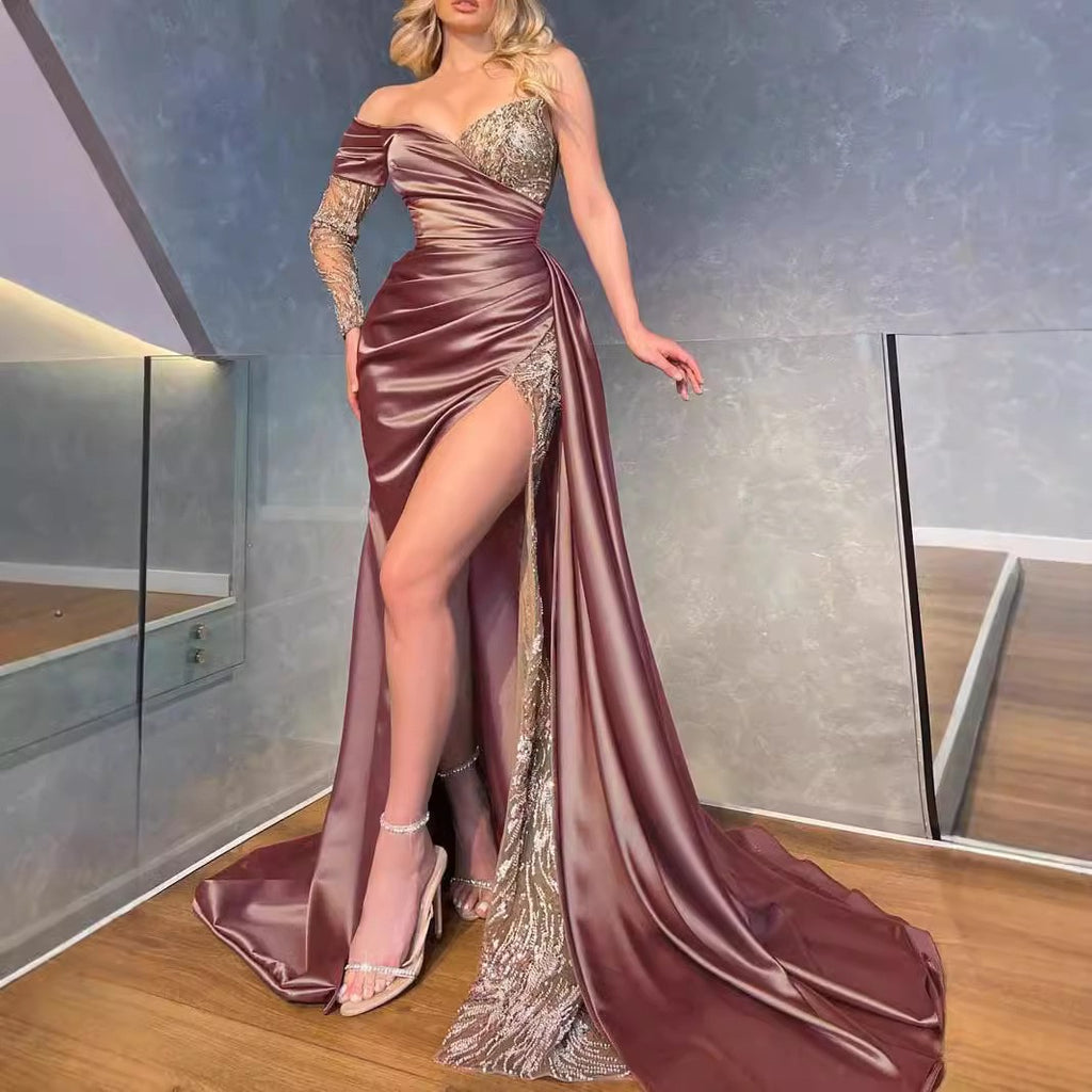 Ruched Satin Sequin Lace Thigh Slit Maxi Gown